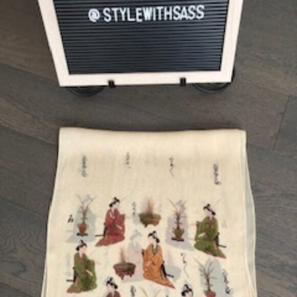 FAVOLOSA Vintage Designer 100% Rayon Scarf w Graphics Cream Grn Brn Gold Sz OS - Picture 2 of 4